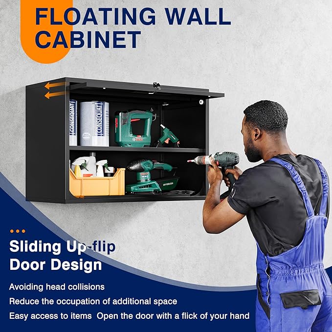 Yizosh Metal Garage Wall Cabinet with Doors and Shelves, Wall Mounted Metal Storage Cabinet, Floating Garage Tool Cabinet for Garage, Basement, Kitchen, Warehouse (Black, 21.6" H)