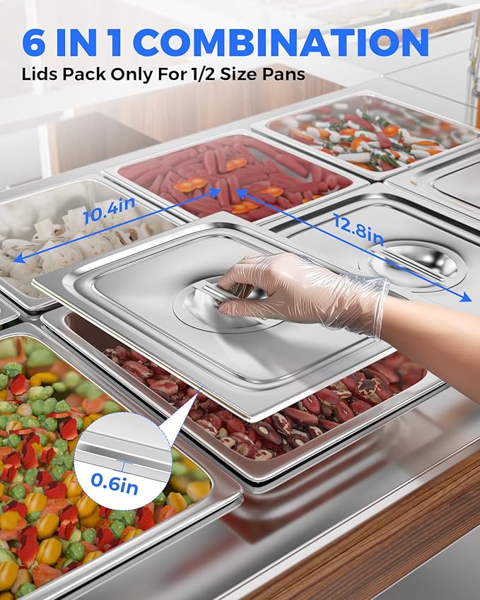 WantJoin Steam Table Hotel Pan Lids - 6 Pack 1/1 1/2 1/3 Full Half Third Size Notched Slotted Cover with Handle for Stainless Steel Metal Tray Set Food Storage Container Commercial Restaurant Warmer