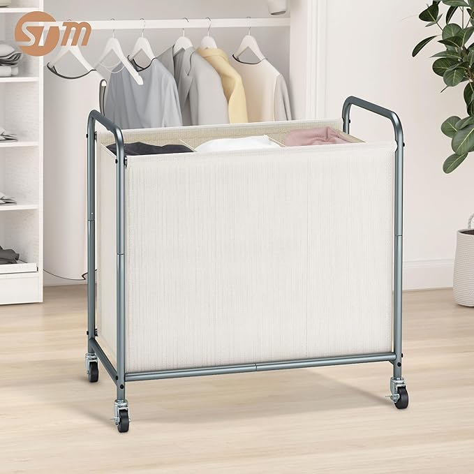 STORAGE MANIAC Rolling Laundry Hamper, 165L Laundry Basket with Lockable Wheels, Triple Clothes Sorter Cart, 3 Bag Clothes Separator Hamper for Closet, Bathroom, Laundrys Room, 3 Section Beige
