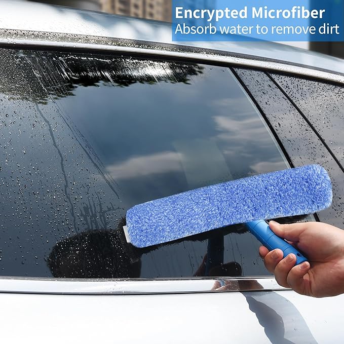 Squeegee with Shelf Storage for Window Cleaning,Window Cleaning Squeegee kit with Bucket&Microfiber Scrubber,Bathroom,Shower Doors,Mirrors,Tiles,and Car Windows Blue