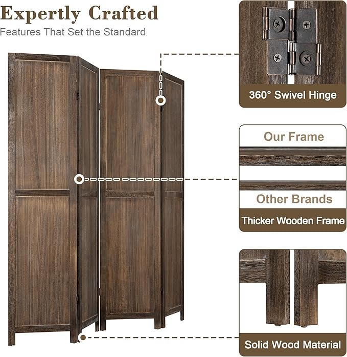 WelFurGeer 4 Panel Room Divider Screen - 360° Adjustable Folding Panels for Privacy, Bedroom, Living Room & Patio, Handcrafted Decorative Room Divider, Freestanding Divider for Room Separation (Brown)