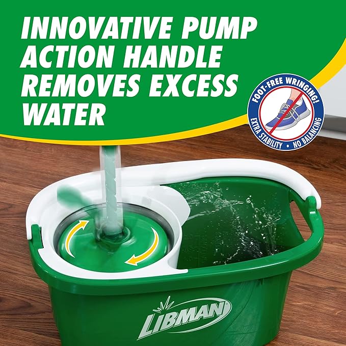 Libman Tornado Spin Mop System and 1 Refill, Mop and Bucket with Wringer Set for Hardwood Floor Cleaning, 2 Total Heads Included