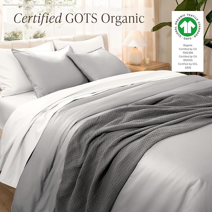 Bare Home 100% Organic Cotton Sateen Duvet Cover Set - Extra Long Size - 400 Thread Count - Smooth Sateen Weave - Warm & Luxurious - Duvet Cover (Twin/Twin XL, Light Grey)
