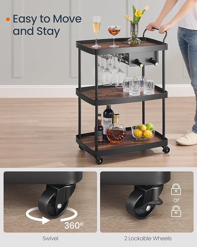 SONGMICS HOME Bar Cart, Home Bar Serving Cart with 3-Tier Shelf, Flexible Wine Bottle Rack and Glass Holder, Drink Beverage Cart, Microwave Cart, Kitchen, Natural Walnut and Ink Black ULRC291B01
