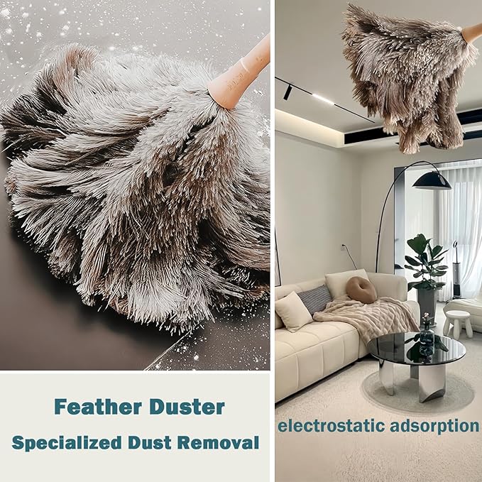 Feather Duster, Feather Dusters for Cleaning Ddzmz Fluffy Natural Genuine Ostrich Feathers with Wooden Handle Reusable Handheld Ostrich Feather Duster Cleaning Supplies, Gray and Brown(Length 16")