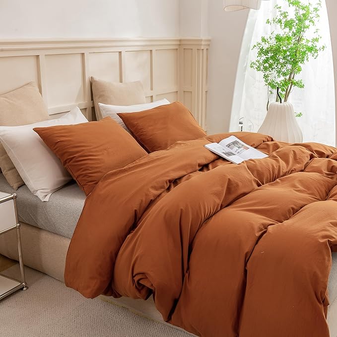 ECOCOTT Brown Duvet Cover Queen Size, 3 Piece 100% Washed Cotton 1 Duvet Cover with Zipper and 2 Pillowcases, Ultra Soft and Easy Care Breathable Cozy Bedding Set(Brown,Queen)