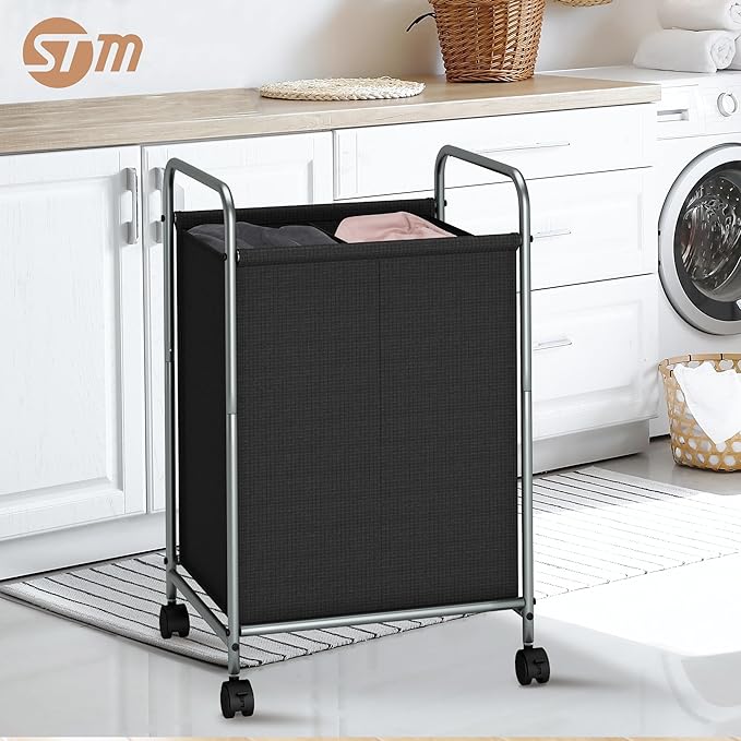 STORAGE MANIAC Rolling Laundry Hamper, 100L Laundry Basket with Lockable Wheels, Double Clothes Sorter Cart, 2 Bag Clothes Separator Hamper for Closet, Bathroom, Laundrys Room, 2 Section Black