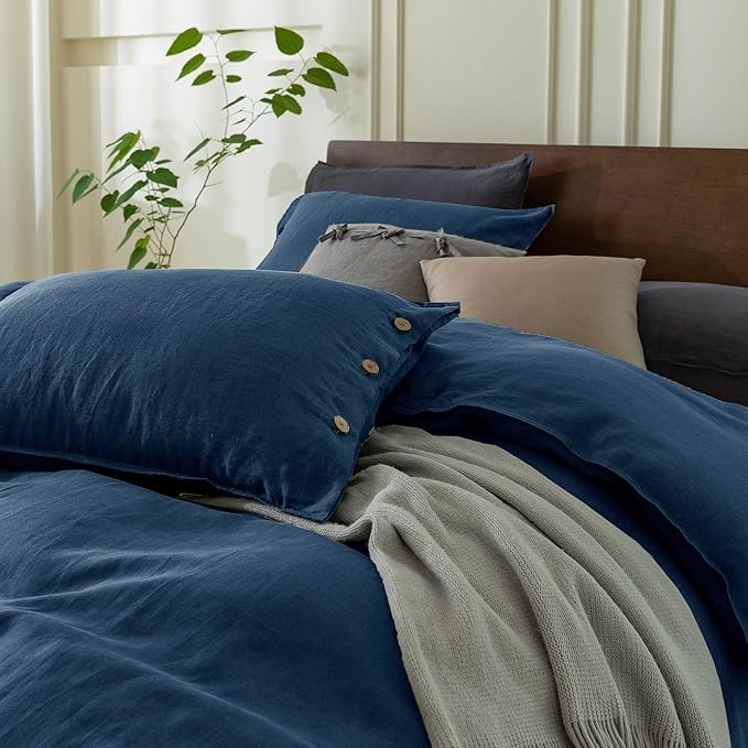 EVERLY100% Pure Linen Duvet Cover Set King Size104X90Inch 3pcs (1 Duvet Cover,2 Pillowcases) Soft and Breathable for All Season with Coconut Button Closure, Suitable for Hot Sleepers-Navy Blue