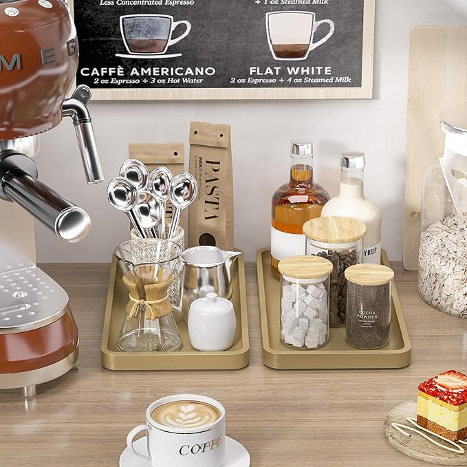 Weenson Gold Bathroom Vanity Tray for Countertop Jewelry Makeup Perfume Candles Decor, Bamboo Kitchen Tray for Soap Dispenser Spice Salt, Gold Tray for Toilet Tank Coffee Nightstand Set of 2