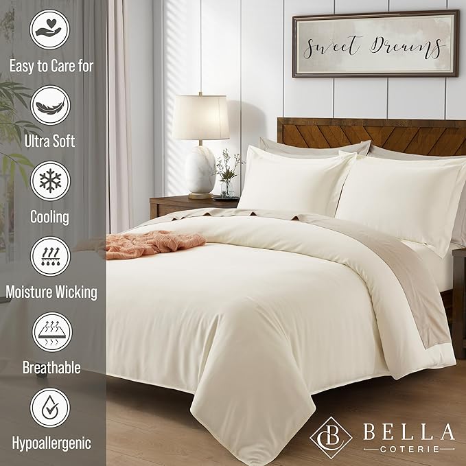 Bella Coterie Luxury Bamboo Viscose Queen Size Duvet Cover Set | 100% Organically Grown | Corner Ties | Ultra Soft | Cooling | Two Pillow Shams | 90 x 94 | No Insert [Ivory]
