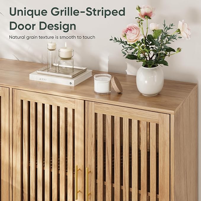 63" Long Sideboard Buffet with 4 Slatted Doors, Farmhouse Buffet Storage Cabinet with Adjustable Shelves, Coffee Bar Cabinet for Entryway, Kitchen, Dining Room, Living Room, Natural Oak