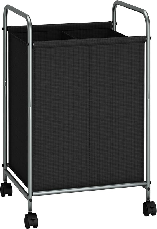 STORAGE MANIAC Rolling Laundry Hamper, 100L Laundry Basket with Lockable Wheels, Double Clothes Sorter Cart, 2 Bag Clothes Separator Hamper for Closet, Bathroom, Laundrys Room, 2 Section Black