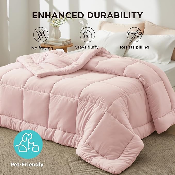 Bedsure Comforter Duvet Insert - Quilted Comforters Queen Size, All Season Duvet, GentleSoft Down Alternative Bedding, with 8 Tabs, Gifts for Women/Men, Pink, Queen 88 x 88 Inches