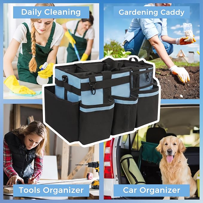 Wearable Cleaning Caddy, Cleaning Caddy Supplies Organizer with Handle & Shoulder Straps for Housekeepers, Under Sink & Car Cleaning Tool Organizers Bag with 4 Foldable Divider (Blue)