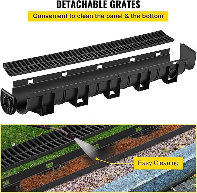 VEVOR Trench Drain System, Channel Drain with Plastic Grate, 5.9x5.1-Inch HDPE Drainage Trench, Black Plastic Garage Floor Drain, 3x39 Trench Drain Grate, with 3 End Caps, for Garden, Driveway-3 Pack