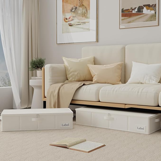 Yawinhe Foldable Underbed Storage Bags, Containers Bin with Lids, Large Under Bed Organizer Box, with Sturdy Zipper und Label Holders, for Clothing, 31.5''Lx15.7''Wx6''H, 4 Pack, Beige