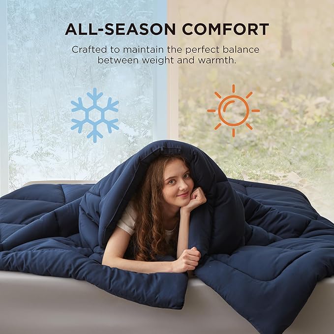 Bedsure Comforter Duvet Insert - Quilted Comforters Queen Size, All Season Duvet, GentleSoft Down Alternative Bedding, with 8 Tabs, Gifts for Women/Men, Navy Blue, Queen 88 x 88 Inches