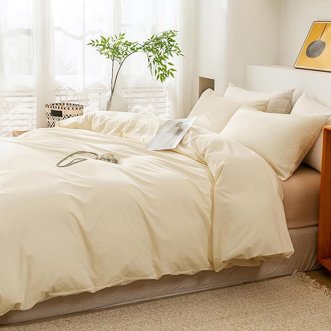 ECOCOTT Duvet Cover Queen Size - 3 Piece 100% Washed Cotton Bedding Set, Soft and Breathable with Zipper Closure & 8 Corner Ties - Comfortable and Stylish for All Seasons (Cream)
