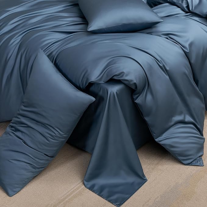 MooMee Queen Duvet Cover Set, 100% Extra Long Staple Cotton 600 Thread Count Sateen Silky Soft Breathable Durable Luxury Hotel Quality Bedding Set, 3 Pieces (Dark Blue, 90"x90")