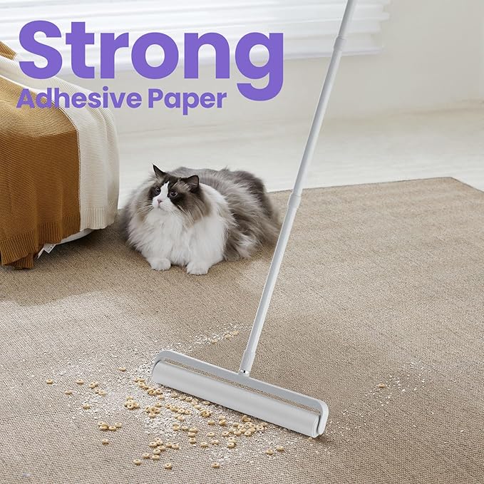 14.17" Extra Large Lint Rollers for Pet Hair, DELOMO Sticky Rollers for Floor with 3 Extendable Handle & 4 Refills (200 Sheets), Long Handle Sticky Mop for Cleaning Carpets, Couch, Furniture, Cars