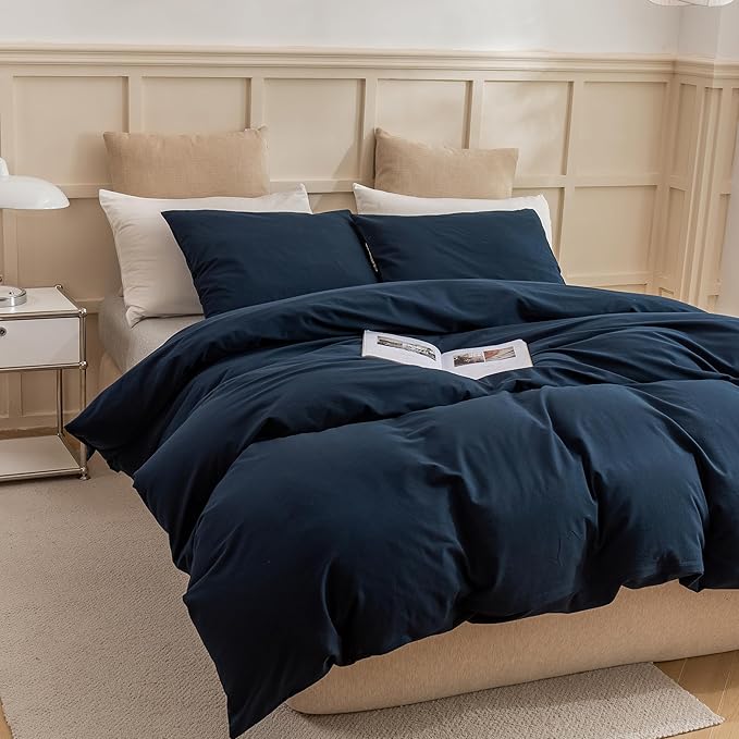 ECOCOTT Navy Blue Duvet Cover Full, 100% Washed Cotton 3 Piece Bedding Set 1 Comforter Cover with Zipper and 2 Pillowcases, Ultra Soft and Easy Care Breathable Duvet Cover