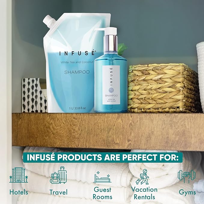 1 Liter Shampoo Refill Bag For Soap Dispensers | Bulk Toiletries for Vacation Rentals, and Home Bathroom Showers | White Tea and Coconut | Single