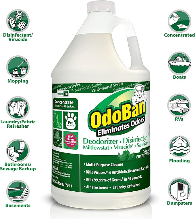 OdoBan Professional Disinfectant and Odor Eliminator Concentrate, Made in the USA, Original Eucalyptus Scent, 1 Gallon