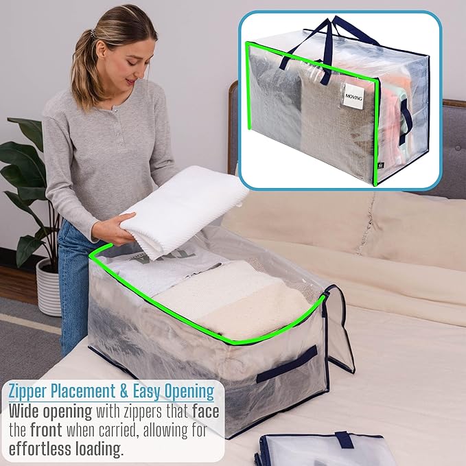 VENO 4 Pack Moving and Storage Bags, Heavy Duty, Alternative to Moving Boxes, Large Packing Totes Supplies for College Dorm Room with Zipper for Clothes, Wide Open Design (Clear, 4 Pack)