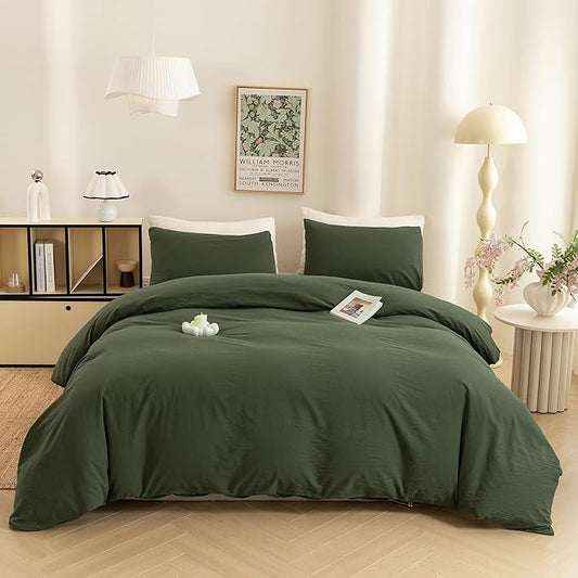 ECOCOTT Army Green Duvet Cover California King Size - 100% Washed Cotton Durable Soft Comfy Duvet Cover Set, 3 Pieces Duvet Cover with Zipper Closure (Army Green, 104''x98'')