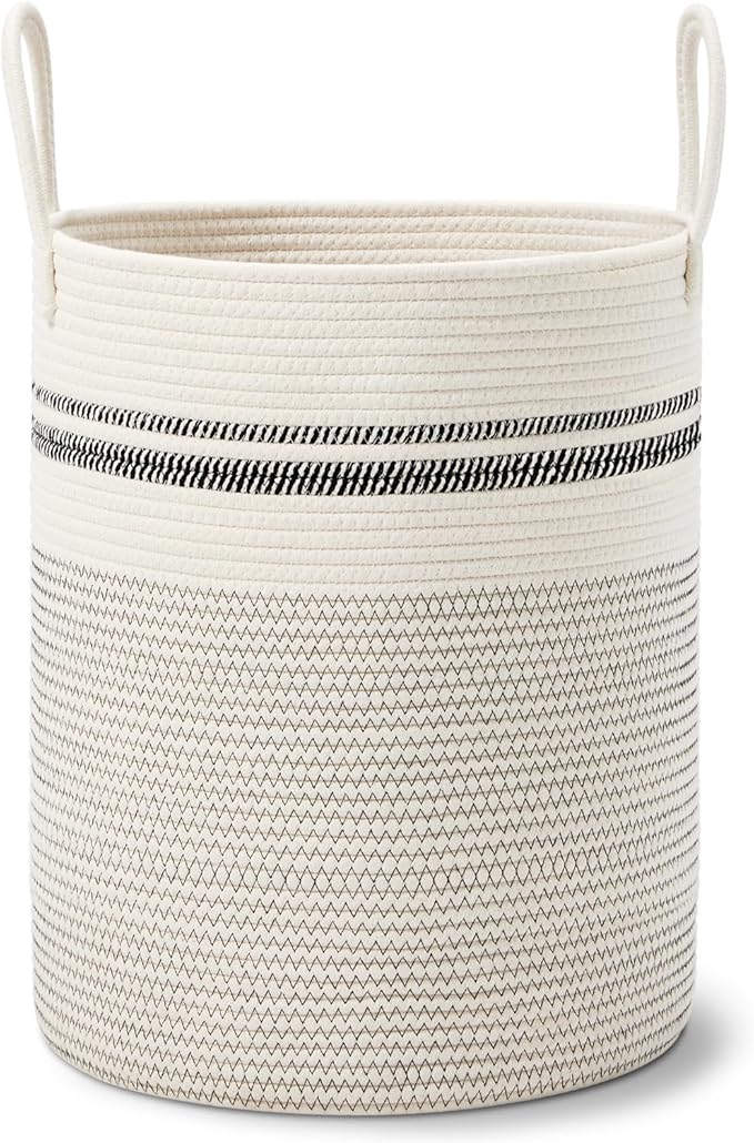 VIPOSCO Large Laundry Hamper, Tall Woven Rope Storage Basket for Blanket, Toys, Dirty Clothes in Living Room, Bathroom, Bedroom - 53L Stripe White