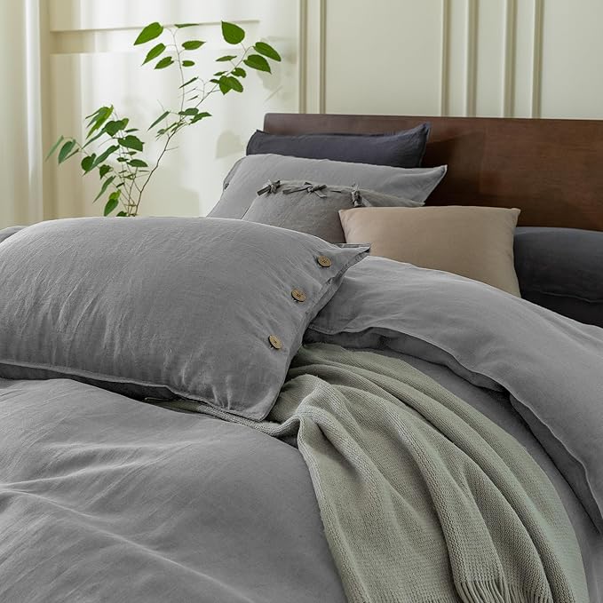 EVERLY 100% Pure Linen Duvet Cover Set King Size 104X90Inch 3pcs (1 Duvet Cover,2 Pillowcases) Soft and Breathable for All Season with Coconut Button Closure, Suitable for Hot Sleepers-Grey