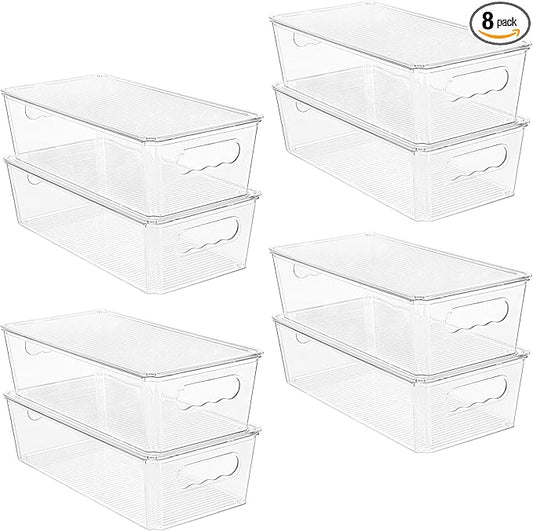 Vtopmart 8pcs Clear Organizers and Storage Bins with Lids, Stackable Plastic Storage Containers with Handles for Fridge, Freezer, Pantry, Cabinet, Kitchen Organization