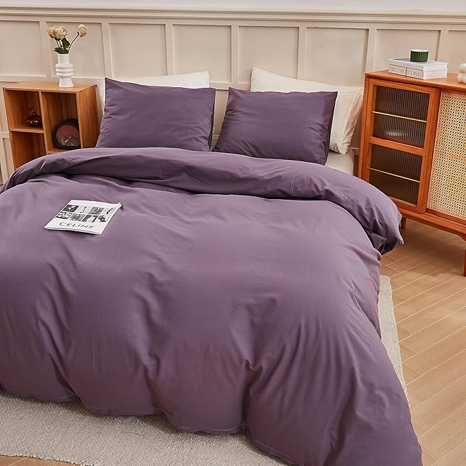 ECOCOTT Lilac Purple Duvet Cover King Size, 100% Washed Cotton 3 Piece Bedding Set 1 Duvet Cover with Zipper and 2 Pillowcases, Ultra Soft and Easy Care Breathable Duvet Cover Set ((Lilac Purple,King)