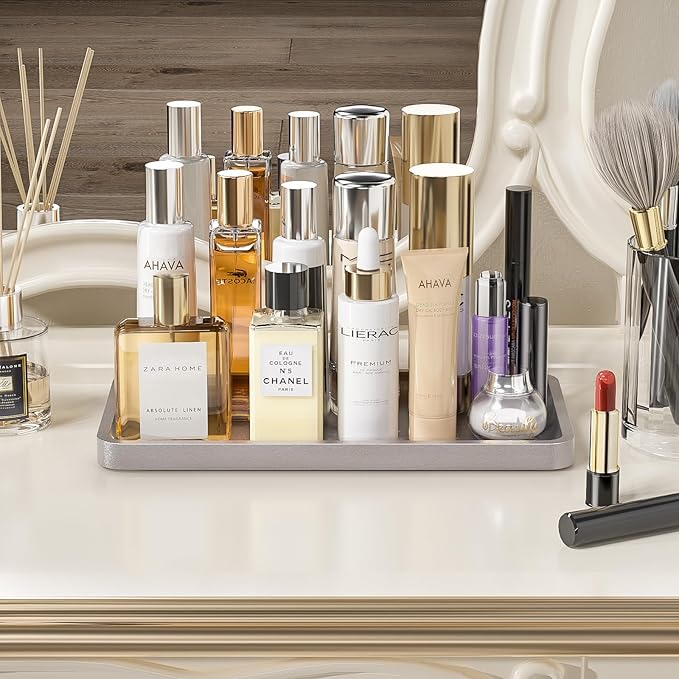 Weenson Bathroom Vanity Tray for Perfume Makeup Jewelry Decor Candle, Bamboo Kitchen Tray for Soap Dispenser Spice, Coffee, Toilet Tank Tray Nightstand Silver 11.81”L x 6.1”W x 0.79”H