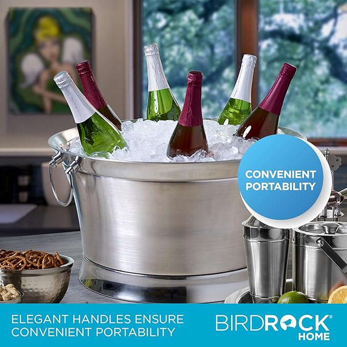 BIRDROCK HOME Double Wall Beverage Tub - Stainless Steel Ice Bucket, Metal Drink Cooler with Handles, for Parties & Events, Decorative Beverage Chiller - Large