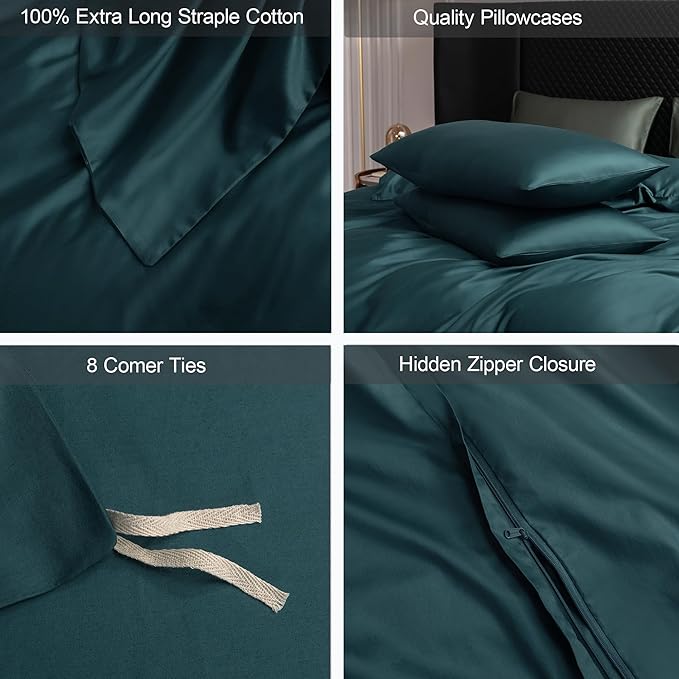 MooMee Duvet Cover Set 100% Extra Long Staple Cotton 600 Thread Count Silky Sateen Smooth Luxury Soft Breathable Durable Hotel Quality Bedding, 3 Pieces (Teal Green, King 104"x90")