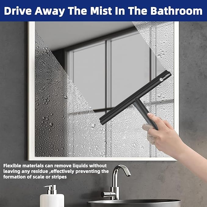 Shower Squeegee with Hook & Sucker - Stainless Steel Core | Silicone Rubber Glass Wiper for Shower Doors, Windows, Mirrors & Car Glass - Black