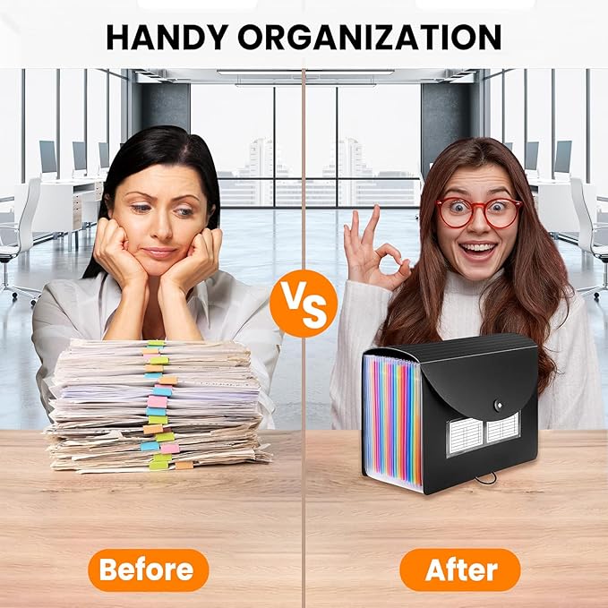 Sooez Accordion File Organizer, 13 Pockets Expanding File Folder, Portable Monthly Paper Bill Tax Receipt Organizer, Letter A4 Size Document Holder with Blank Labels, Black