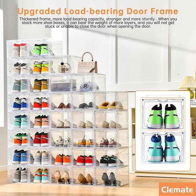 Clemate Upgraded X-Large Shoe Organizer,Shoe Storage Organizer,12 Pack,Shoe Box Clear Plastic Stackable,Drop Front Shoe Box with Clear Door, Shoe Containers For Sneaker Display,Fit up to US Size13
