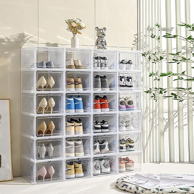 XXL Drop Front Shoe Storage Box Stackable, 8 Pack Shoe Boxes Clear Plastic Stackable Fit US 15,XXL Sneaker Storage Shoe Containers with Magnetic Door(8 PACK CLEAR)