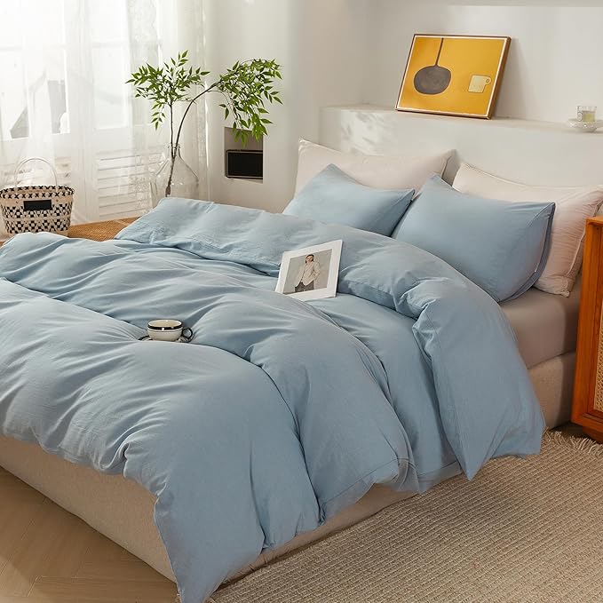 ECOCOTT Light Blue Duvet Cover Full Size - 100% Washed Cotton Durable Soft Comfy Duvet Cover Set, 3 Pieces Duvet Cover with Zipper Closure (80''x90'')