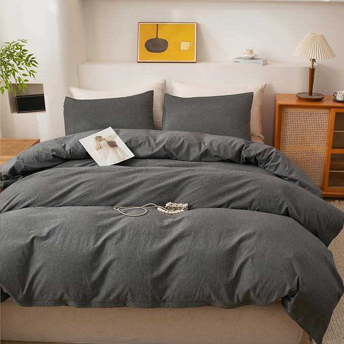 ECOCOTT Grey Duvet Cover Queen Size, 100% Washed Cotton 1 Duvet Cover with Zipper and 2 Pillowcases, Ultra Soft and Easy Care Breathable Cozy Simple Style Bedding Set(Dark Grey)