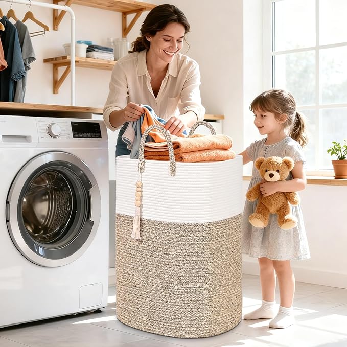 Woven Laundry Basket for Clothes, 50L Large Rectangle Laundry Hampers with Beads Tassel, Nursery Storage Basket for Toys, Tall Dirty Clothes Hamper for Bedroom Aesthetic, Laundry Room Organization