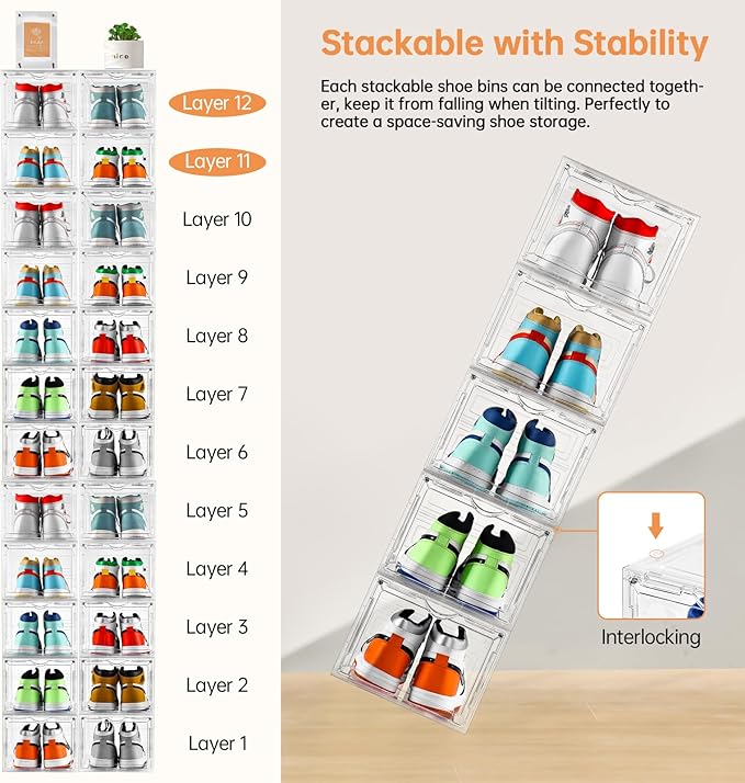 Clemate Upgraded X-Large Shoe Storage Box,8 Pack,Shoe Box Clear Plastic Stackable,Drop Front Shoe Box with Clear Door,Shoe Organizer and Shoe Containers For Sneaker Display,Fit up to US Size13