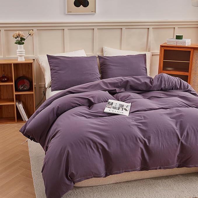 ECOCOTT Lilac Purple Duvet Cover King Size, 100% Washed Cotton 3 Piece Bedding Set 1 Duvet Cover with Zipper and 2 Pillowcases, Ultra Soft and Easy Care Breathable Duvet Cover Set ((Lilac Purple,King)