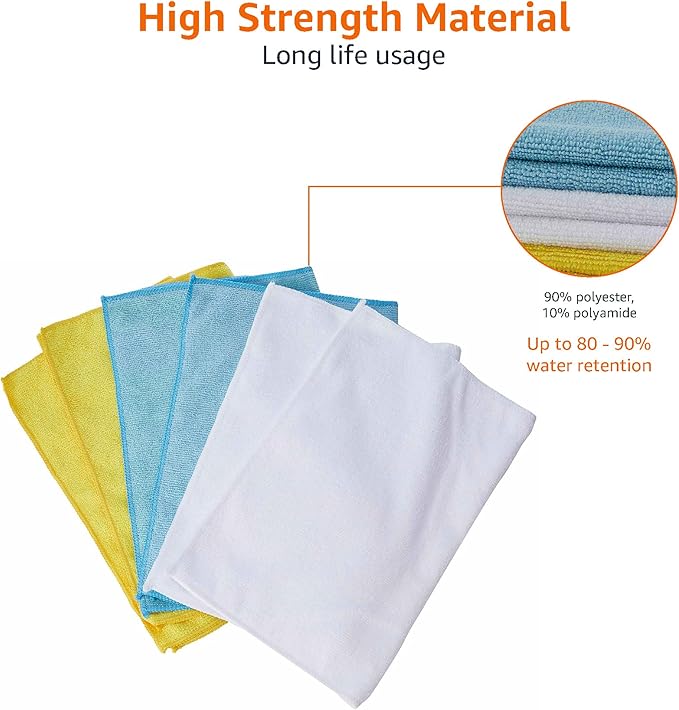 Amazon Basics Microfiber Cleaning Cloths, Non-Abrasive, Reusable and Washable, Pack of 36, Blue/White/Yellow, 16" x 12"