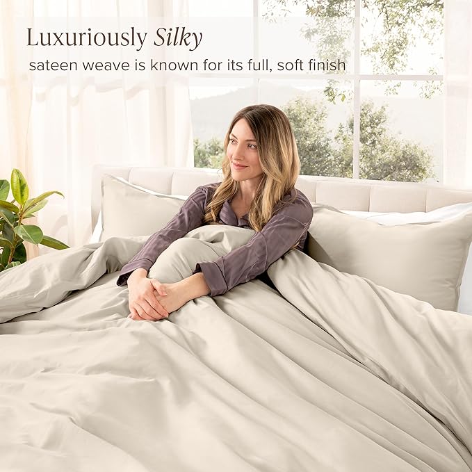 Bare Home 100% Organic Cotton Sateen Duvet Cover Set - Full/Queen Size - 400 Thread Count - Smooth Sateen Weave - Warm & Luxurious - Duvet Cover (Queen, French Beige)