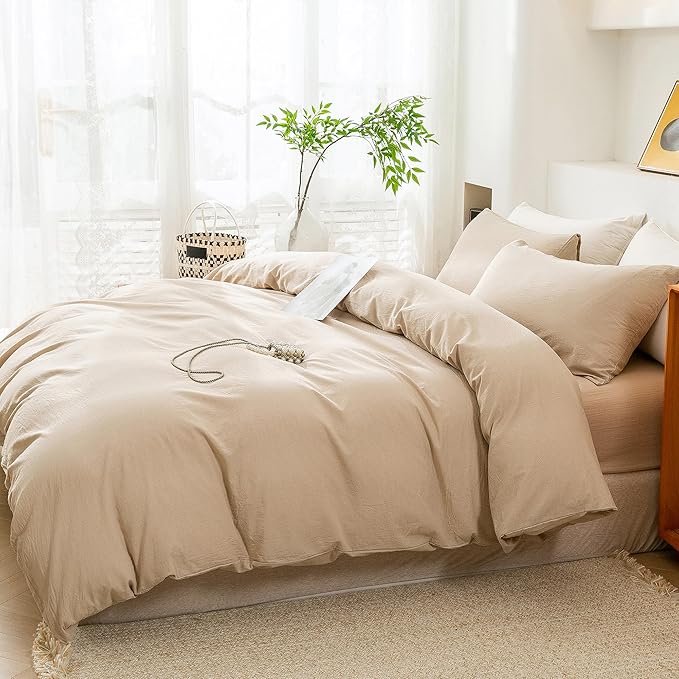 ECOCOTT Duvet Cover Queen Size, 100% Washed Cotton 1 Duvet Cover with Zipper and 2 Pillowcases, Ultra Soft and Easy Care Breathable Cozy Simple Style Bedding Set(Queen, Khaki)