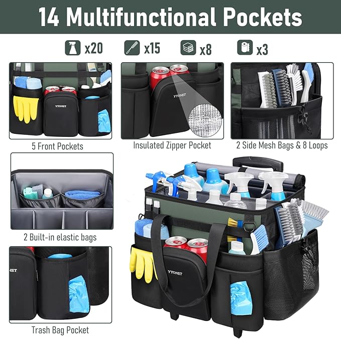 Ytonet Cleaning Caddy with Wheels, Extra Large Rolling Cleaning Caddy Bag with Detachable Trolley for Housekeepers, Water Resistant Cleaner Supplies Organizer with Wheels for Kitchen, Tool Organizer