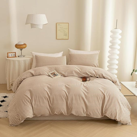 ECOCOTT Gingham Duvet Cover Queen Size 100% Washed Cotton Like Linen Feel Super Soft & Comfy Bedding Set Modern Checkered Design for All Seasons